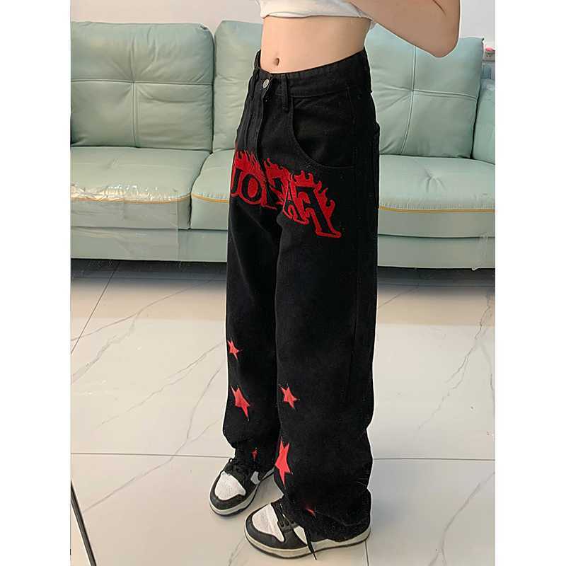 Y2K Famous Star Print Baggy Pants – Black Wide Leg Streetwear Jeans Red Star Letters Jeans For Women High Waist Casual Trousers