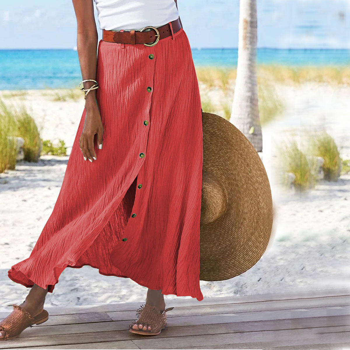 Fashion Cotton Linen A-Line Hip Mid Waist Long Skirt