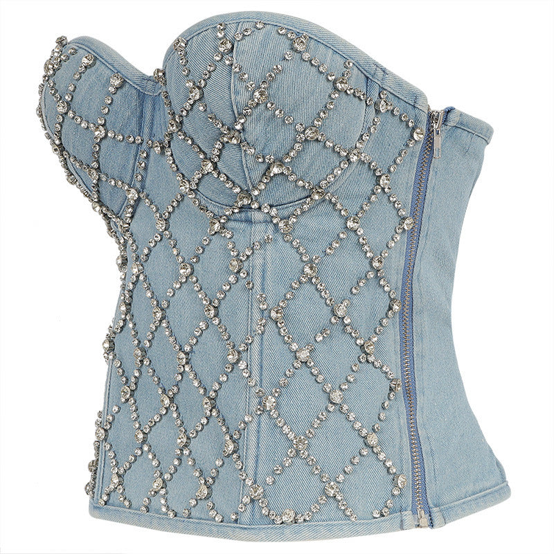 Trendy Rhinestone Denim Crop Top - Y2K Fashion Slim Performance Clothes Korean Style Zipper Top Women