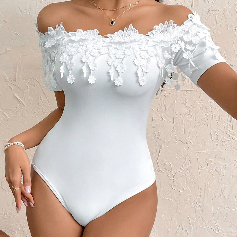 Sexy Ruffled Lace Detail Off-Shoulder One Piece Women's Off Shoulder Short Sleeve Bodysuit Sexy Lace Bodycon Top