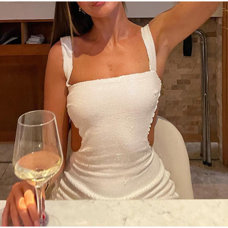 Sequin Sling Square Collar Backless Dress Skirt For Women's