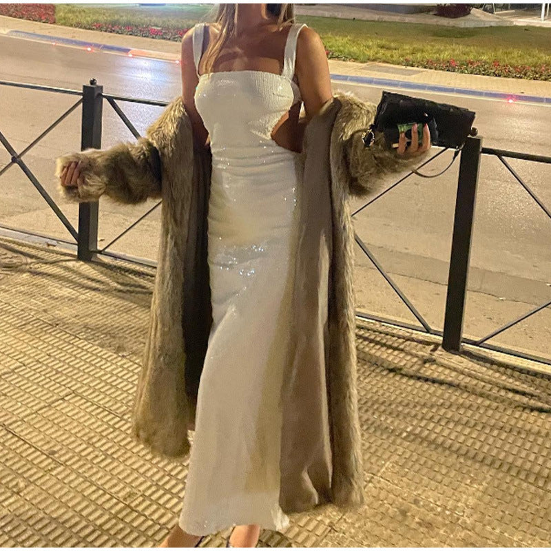 Sequin Sling Square Collar Backless Dress Skirt For Women's