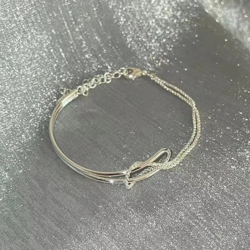 Elegant Silver Knot Design Adjustable Bracelet Simple High-grade Knotted Double-layer Half Bracelet For Women