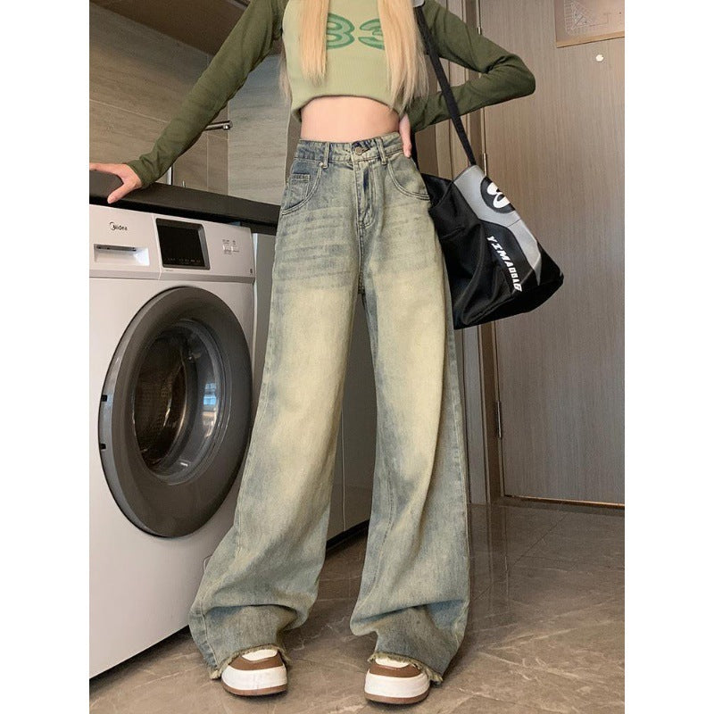 Washed Daze – Grunge-Dyed Wide Leg Denim Retro Blue Distressed Wide-leg Jeans For Women