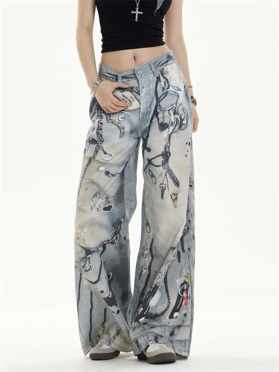Multi-pocket Wide Leg Jeans Straight Casual Pants