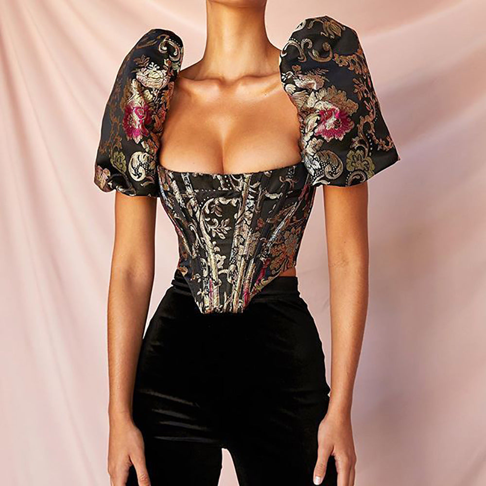 Baroque Floral Print Corset Top with Puff Sleeves Crop navel wrap bodice slim bodice