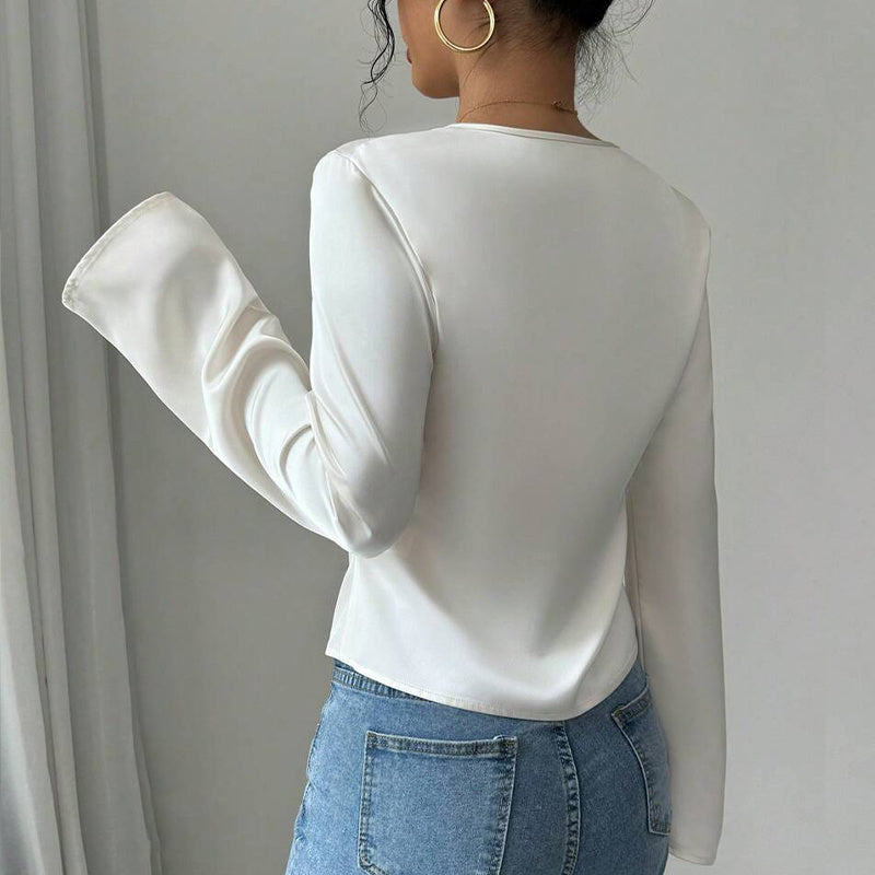 Elegant Solid Color V-neck Ruffled Front Flared Sleeve Shirt