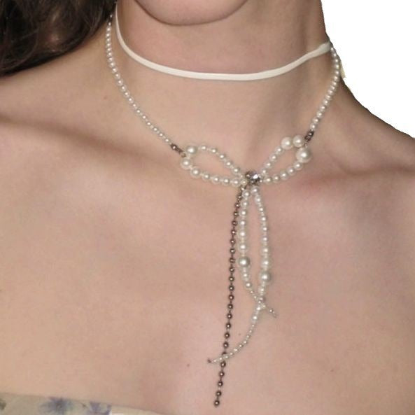 Stringed Pearls Design Bow Chain Leather String Necklace For Women's