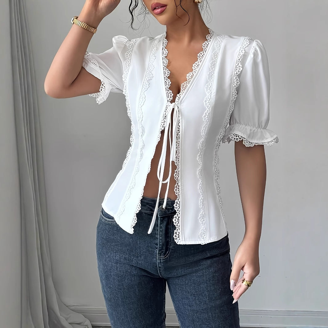 Casual Short Sleeved V-neck Lace Up Pleated Patchwork Solid Color Shirt