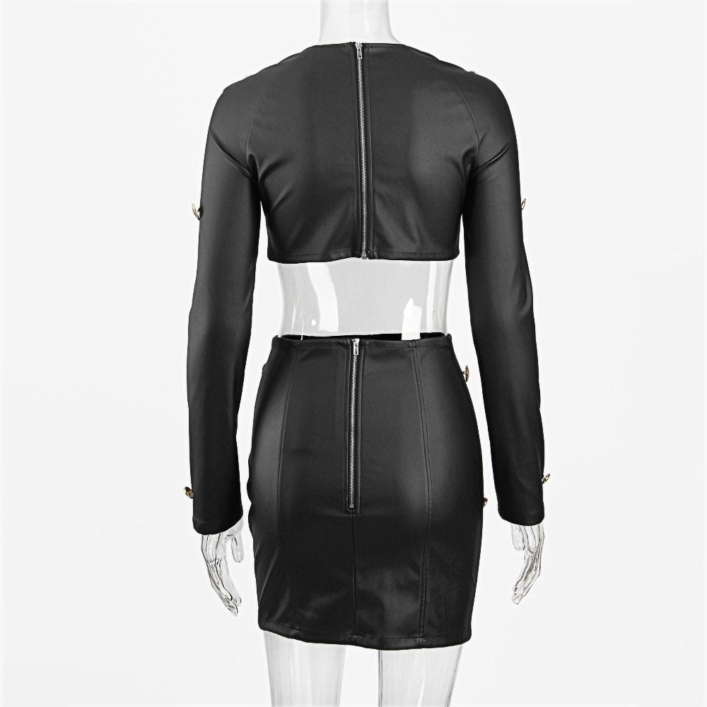 Black Faux Leather Studded Two-Piece Set – Long Sleeve Crop Top & Mini Skirt Long Sleeve Crop Skirt Two-Piece Dress Sexy Fashion Casual
