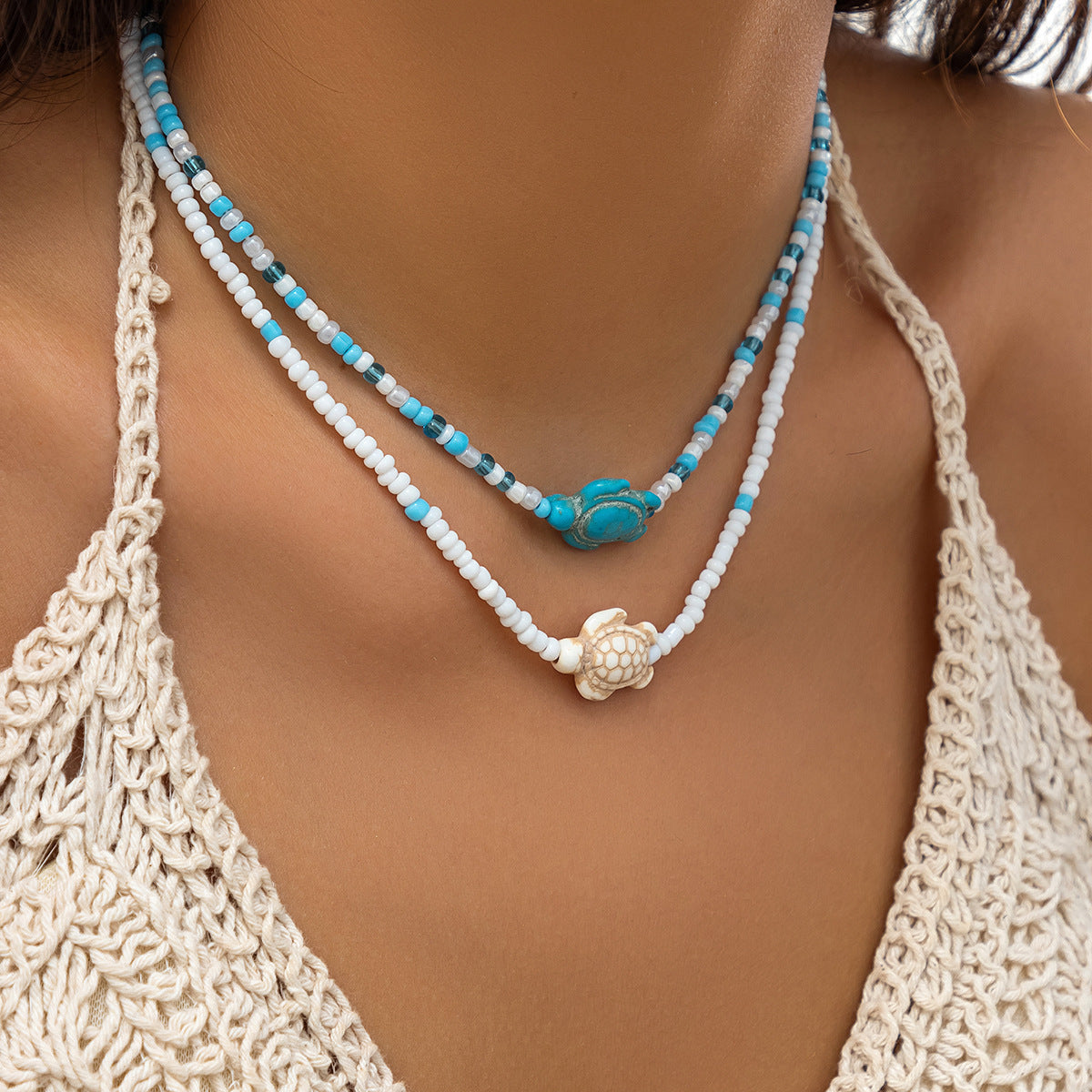2-Layered Boho Beach Necklace – Starfish & Shell Charm Beaded Choker For Women's