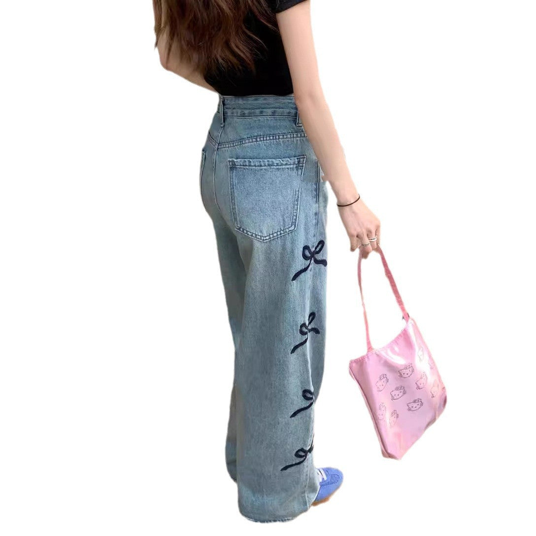 Ribbon Side Statement – Bow Detail Baggy Jeans Butterfly Embroidered Jeans Wide-leg Pants For Women