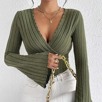Autumn And Winter Rib Sunken Stripe V-neck Flared Slim-fit Long Sleeve T-shirt Elegant Women's Top