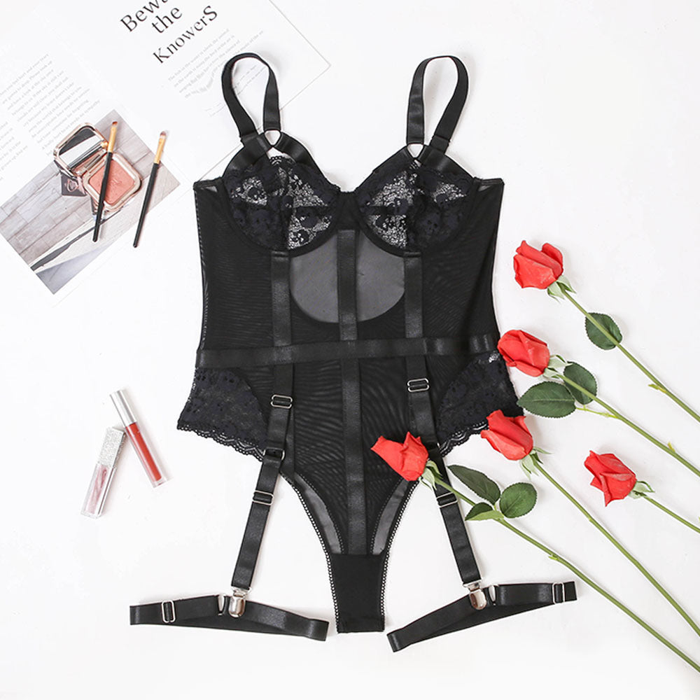 Lace Bodysuit with Garter Belt - Sheer One Piece Lingerie Lace Sexy Nightclub Outfit Jumpsuit
