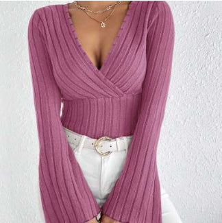 Autumn And Winter Rib Sunken Stripe V-neck Flared Slim-fit Long Sleeve T-shirt Elegant Women's Top