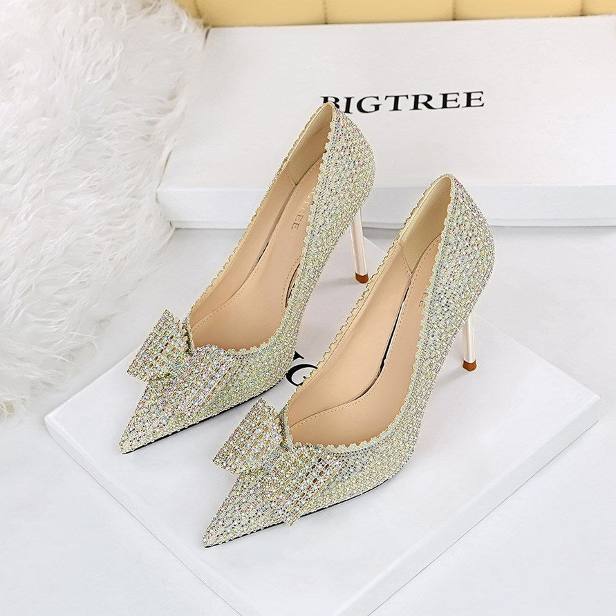 Luxury Crystal Bow Heels – Sparkle in Every Step Princess Wedding Shoes Thin High Heels Shallow Mouth For Women's