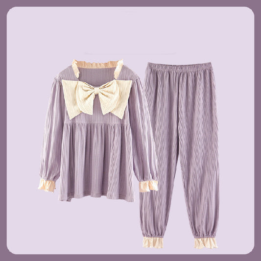 Sweet Ruffled Long Sleeve Pajama Set with Bow Detail Palace Pajamas Women Spring And Autumn Korean Style Cotton Long Sleeves