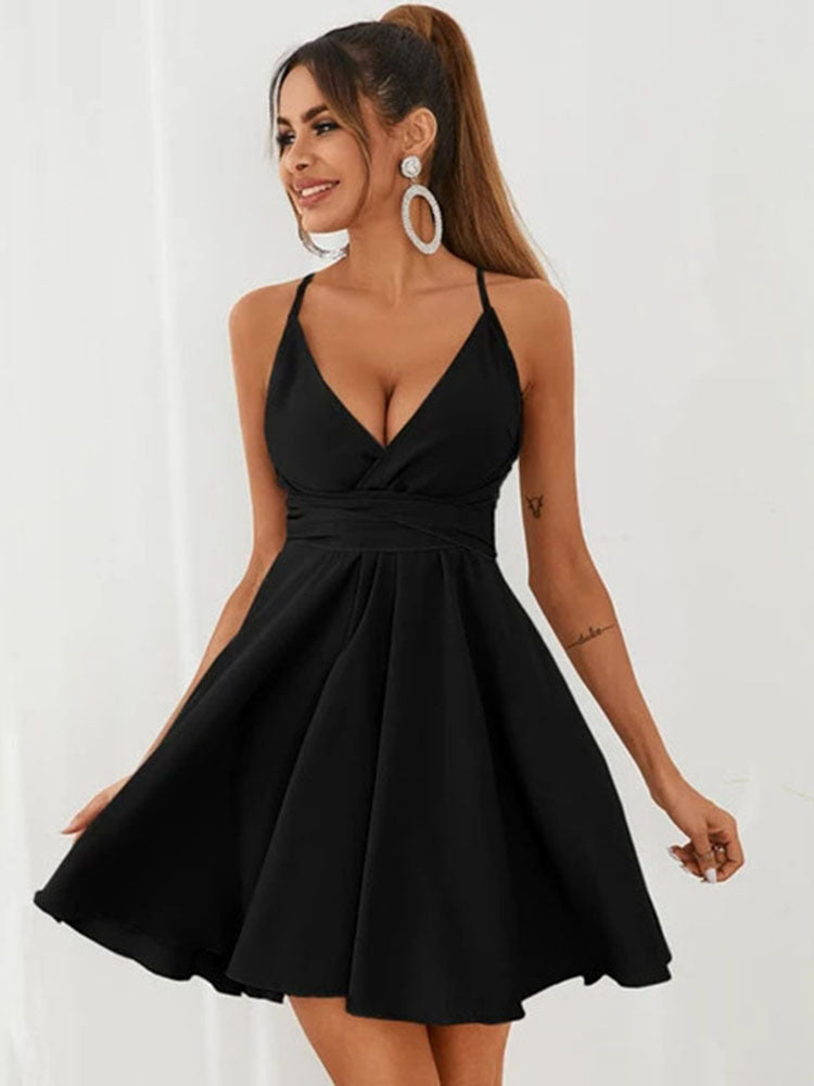 Elegant Deep V-Neck Pleated Mini Dress - Perfect for Parties & Events Strap Tube Top Chiffon Lace Dress Women