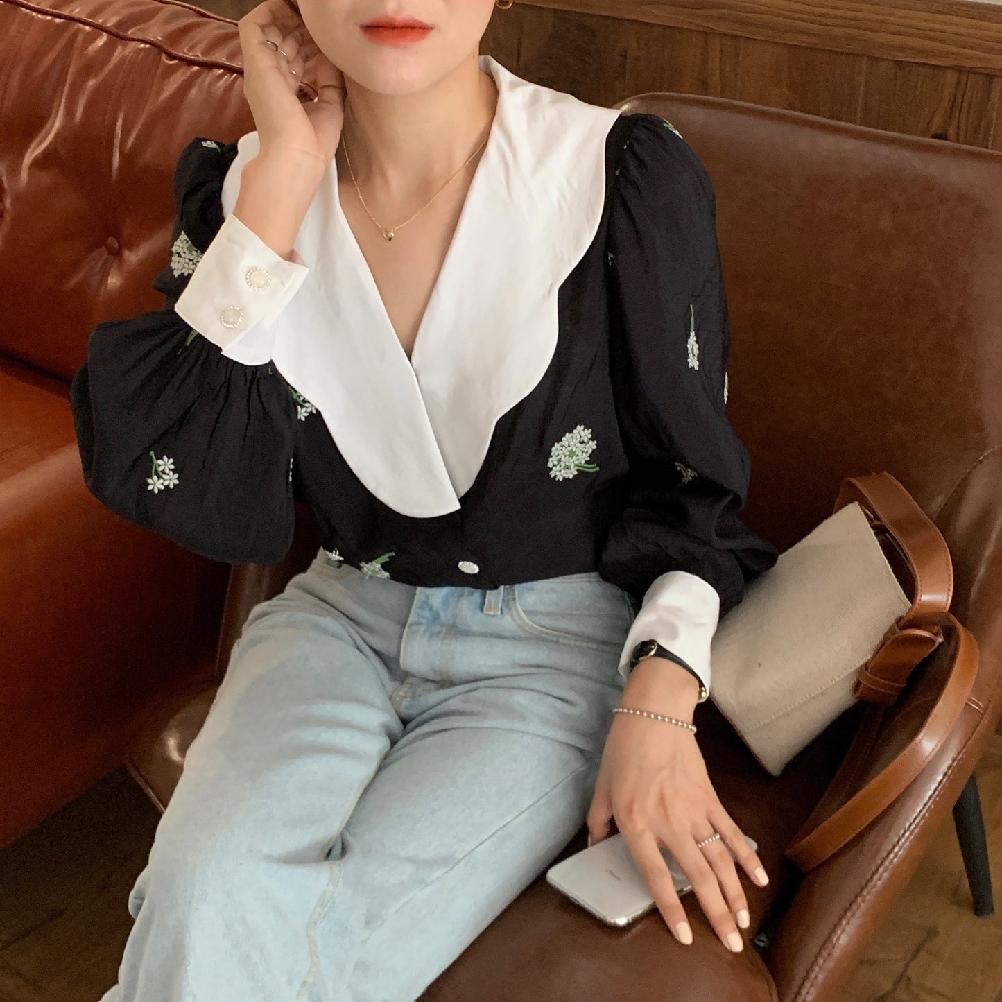 Vintage Style Peter Pan Collar Blouse - Floral Embroidery Shirt Lapel Black Embroidered Shirt Women