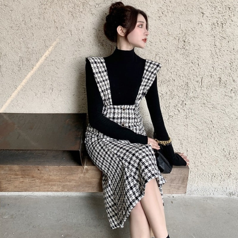Fashion Long Suspender Skirt with Check Pattern French Retro Plaid Dress