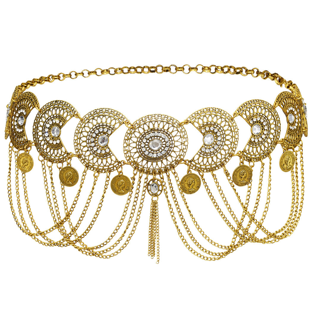 Bohemian Ornate Chain Belts Tribal Disc Waist Chains Ethnic Dangle Hip Belts Statement Festival Body Chains Coin Tassel Waist Chain