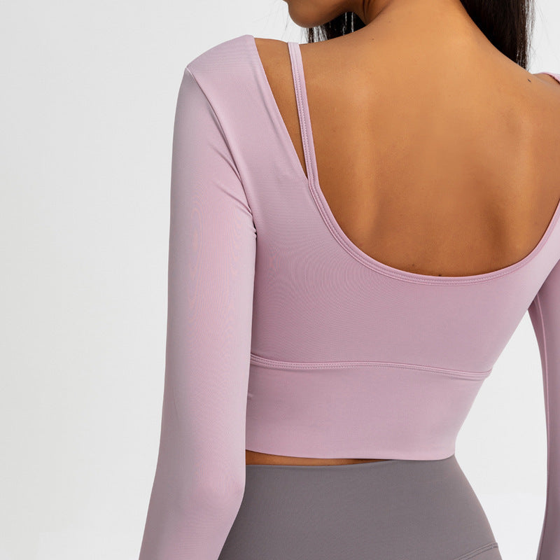 Asymmetrical Strap Long Sleeve Crop Top – Stretchy Ribbed Yoga & Athleisure Shirt for Women Yoga clothes top women
