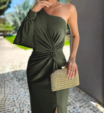 Diagonal Shoulder Knot Split Solid Color Slim Fit Dress