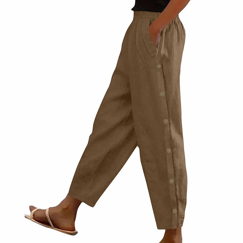 Casual Pants Elastic Waist Side Button Loose Fit Trousers With Pockets Women's