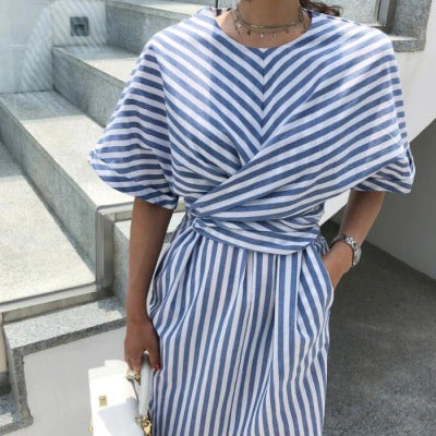 Striped cross-tie dress with front slit skirt for Women