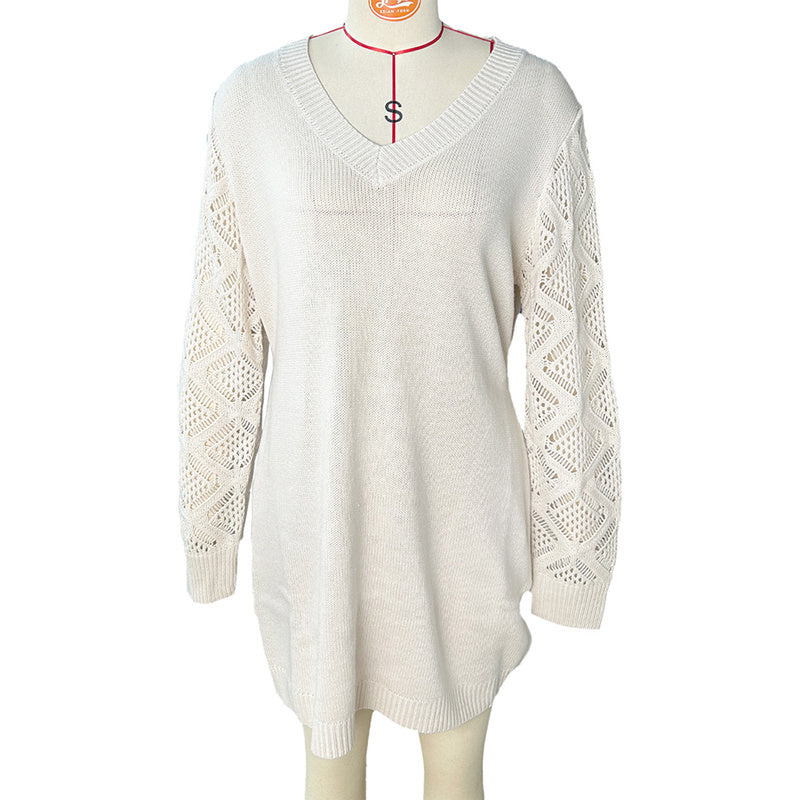 Elegant Women's Solid Color V-Neck Knit Dress - Long Sleeve Lace Cut-Out Design, Comfortable Dress For Spring & Fall