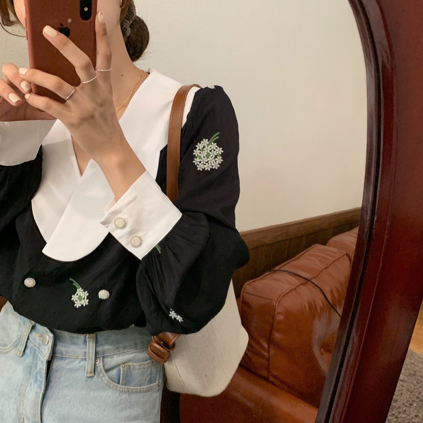 Vintage Style Peter Pan Collar Blouse - Floral Embroidery Shirt Lapel Black Embroidered Shirt Women