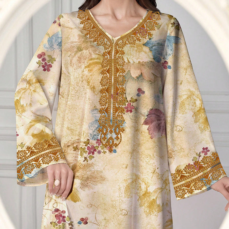 Chic Bohemian Floral V-Neck Maxi Dress, Elegant Golden Long Sleeve Loose Fit Casual Dress