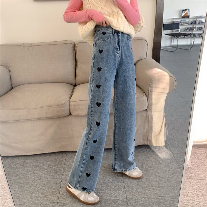 Heart Cutout Wide-Leg Jeans – Soft Girl Meets Streetwear New Design Sense Straight Loose High Waist Love Jeans For Women
