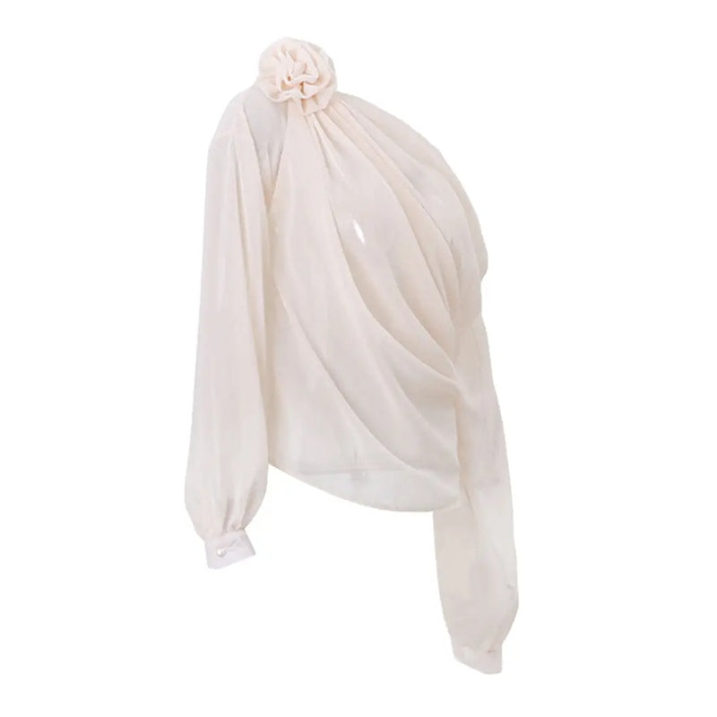 Off Shoulder Tops Elegant Long Sleeve Asymmetrical Neck Ruched Chiffon Blouse Shirts Going Out Top Y2k Shirts