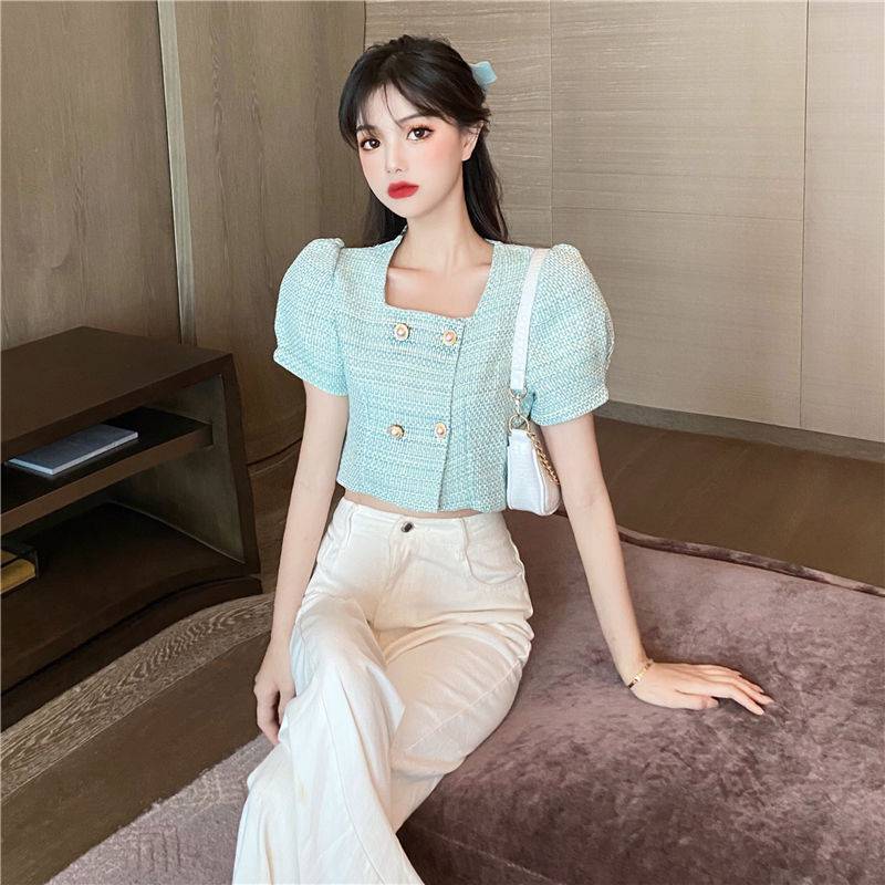 Sweet & Stylish Puff Sleeve Button Detail Top Women's French Temperament Thin Short Top