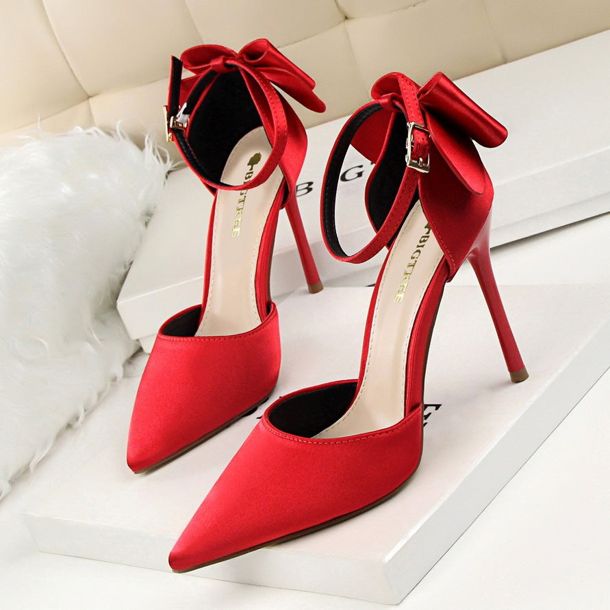 Women's Korean Version Sweet Beauty Sandals Thin High Heels Shallow Mouth Pointed Silk High Heels Pointed satin stiletto high heels