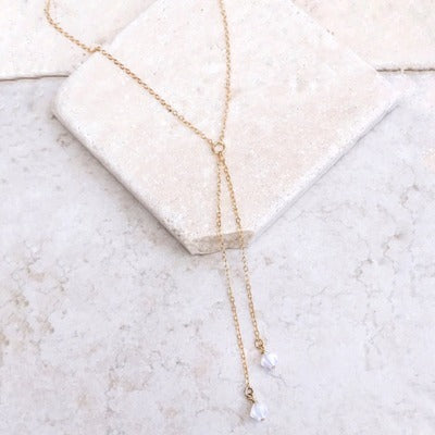 Gold Y-Necklace with Crystal Drop – Delicate Layered Lariat White Pointed Crystal Necklace Double Chain Necklace Delicate Necklace