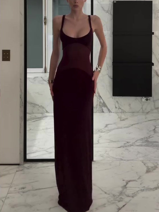 Sophisticated Spaghetti Strap Bodycon Gown Burgundy Mesh Patchwork Suspender Dress