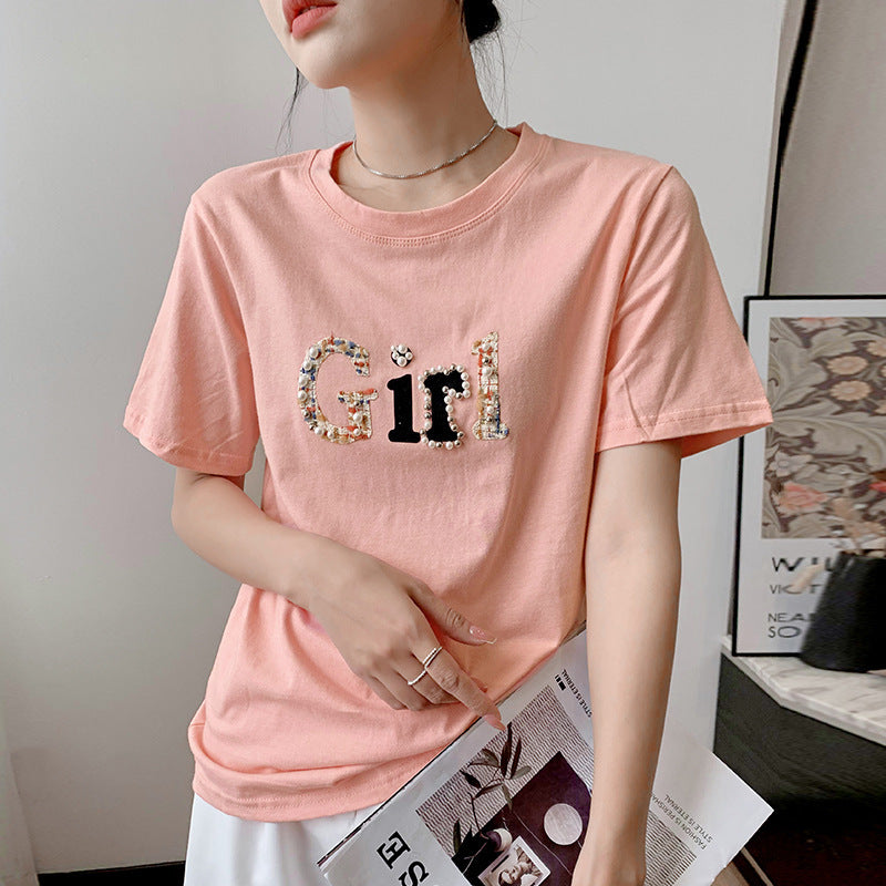 Aesthetic "Girl" Design Short Sleeve Top | Versatile Everyday Tee Printed T-shirt Korean Style Versatile Half Sleeve Top