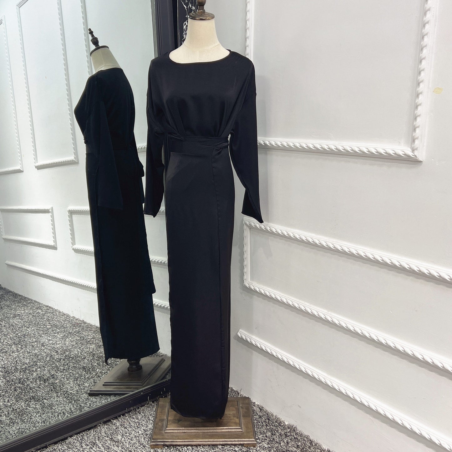 Elegant Long Sleeve Modest Maxi Dress | Sophisticated Full Length Gown Soft Waist Dress Satin Women