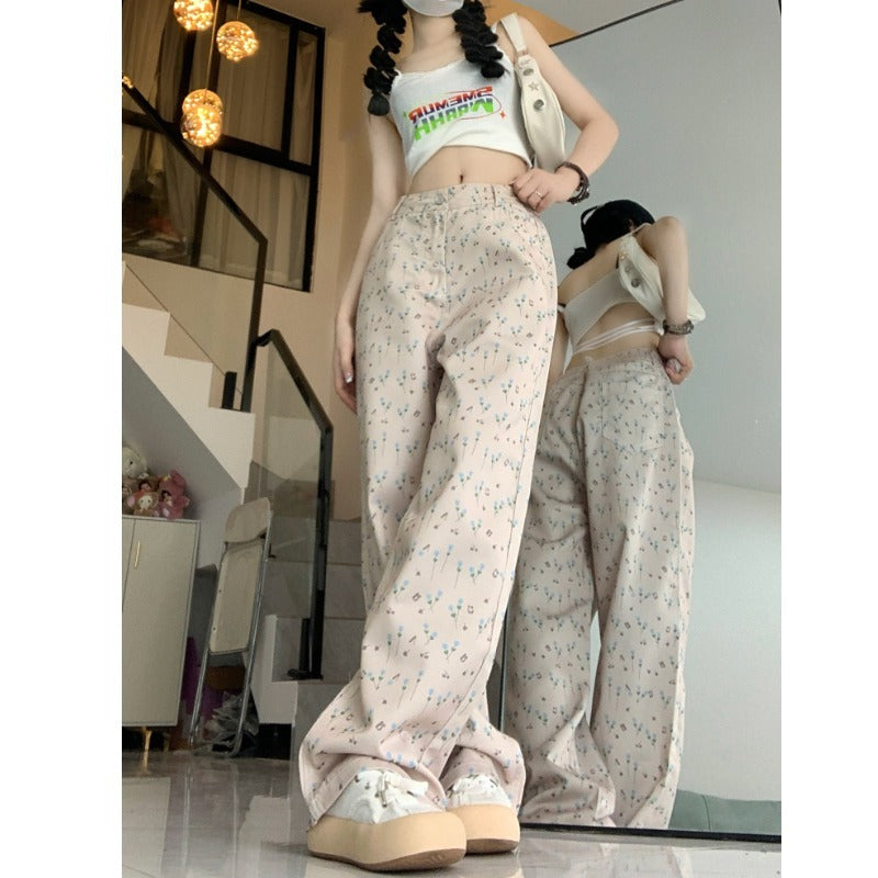 Pastel Floral Wide-Leg Pants – Soft, Flowery & Feminine Vibes Hong Kong Style Floral Jeans For Women