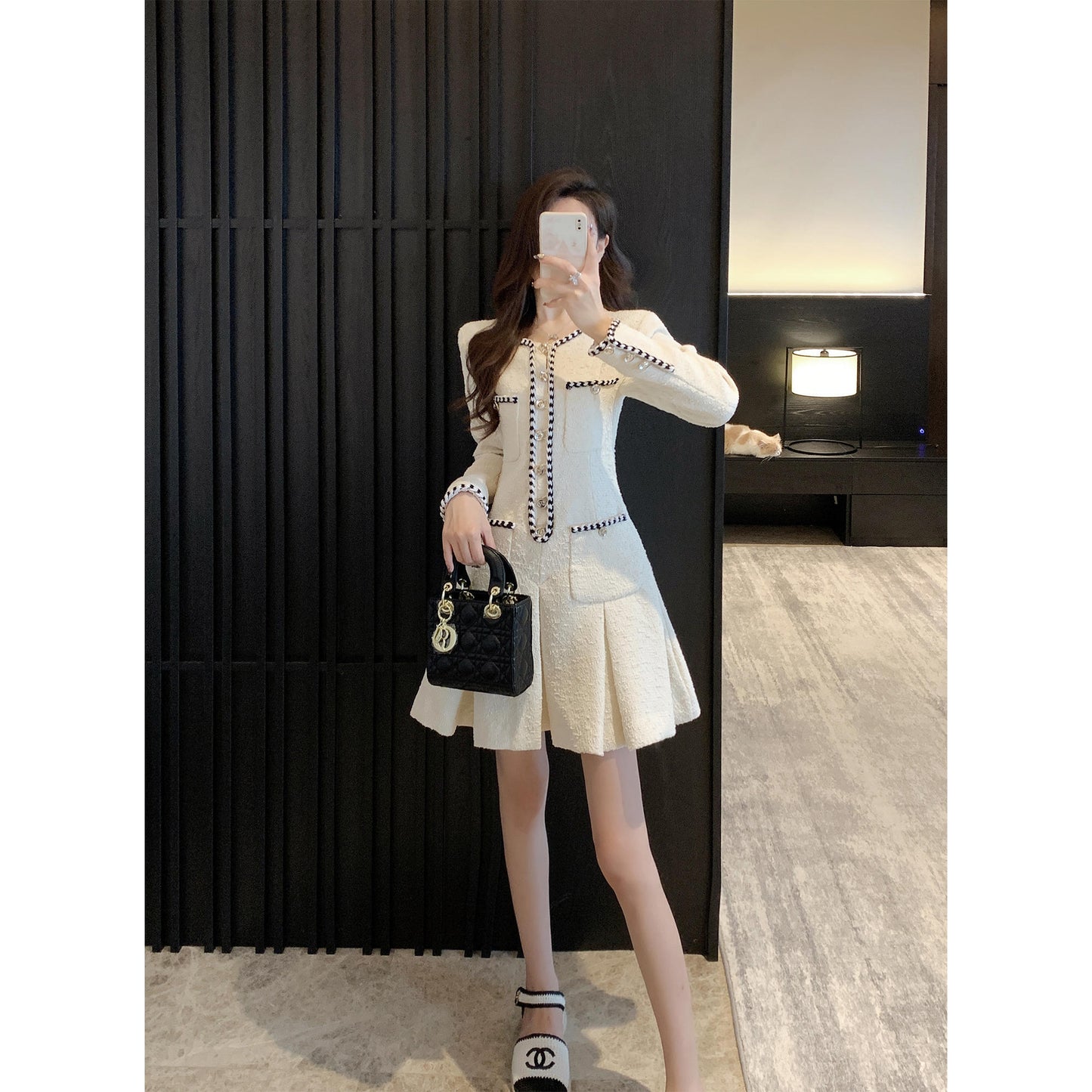 Chic Pleated Skirt Detail Long Sleeve Dress Women's French-style Tweed Dress