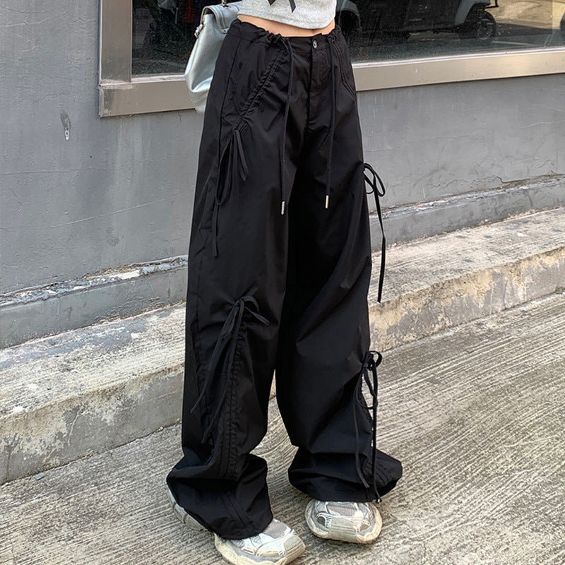 Urban Drawstring Parachute Pants – Streetwear Edge Redefined Loose Straight Wide Leg Mop Pants Women