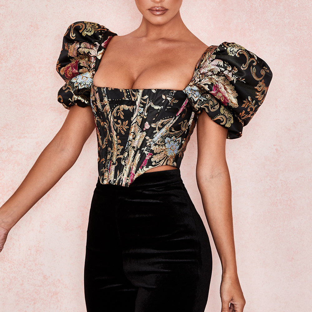 Baroque Floral Print Corset Top with Puff Sleeves Crop navel wrap bodice slim bodice