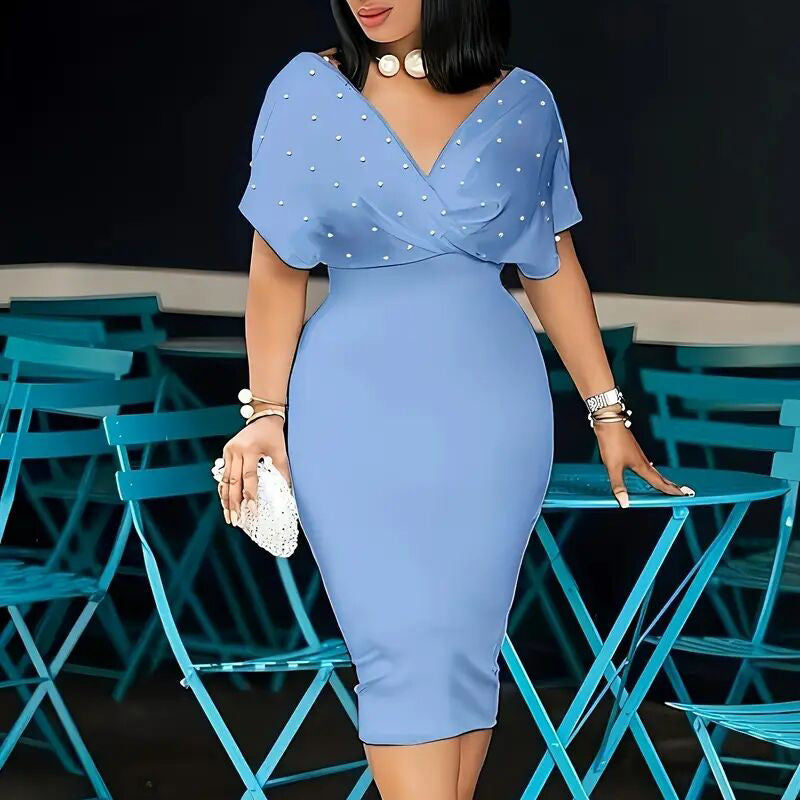 Elegant Deep V Neck Wrap Bodycon Dress Back Zipper Pencil Midi Dress