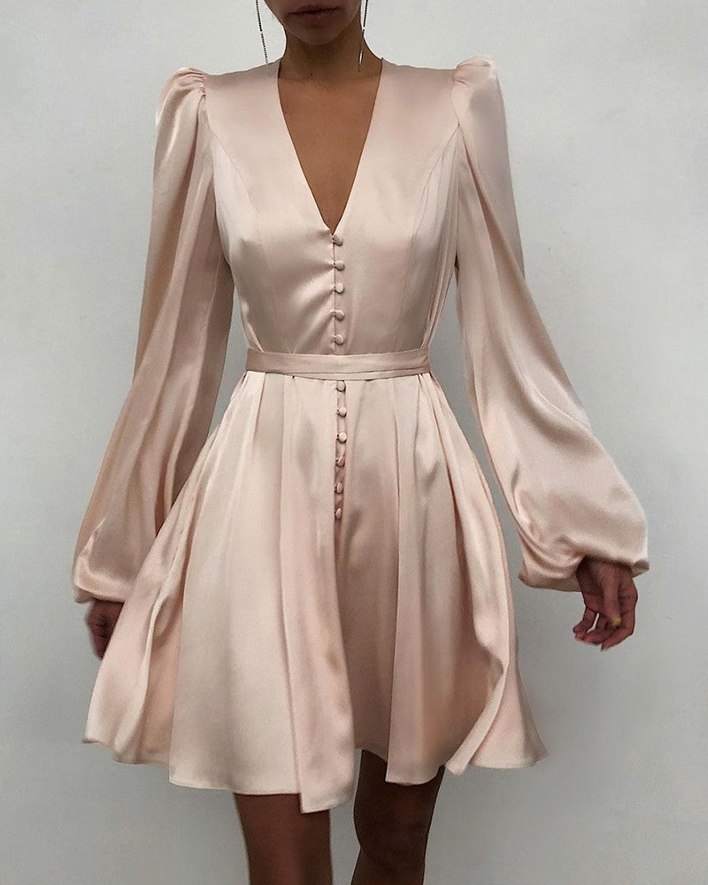 Elegant Pink Satin Mini Dress | V-Neck Puff Long Sleeve Satin Satin V-Neck Temperament Slim Dress