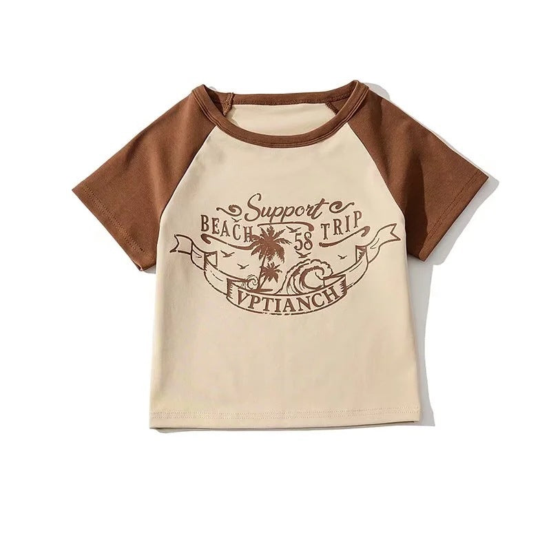 Women's Printed Letter Crop Short Sleeve T-Shirt