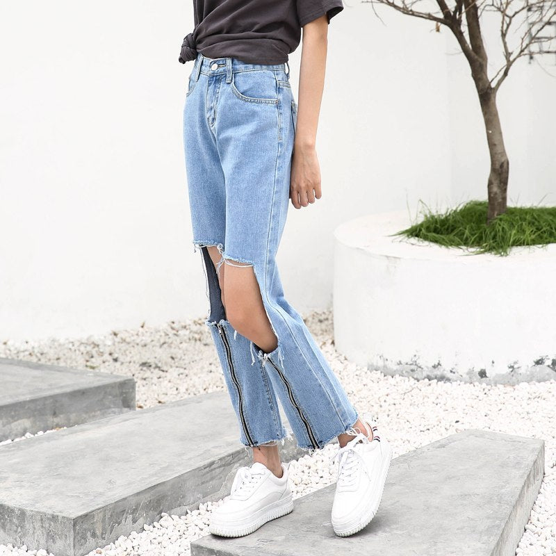 Streetwear Fake Zippers Loose Straight Jeans Woman With Holes Ankle Length Denim Pants