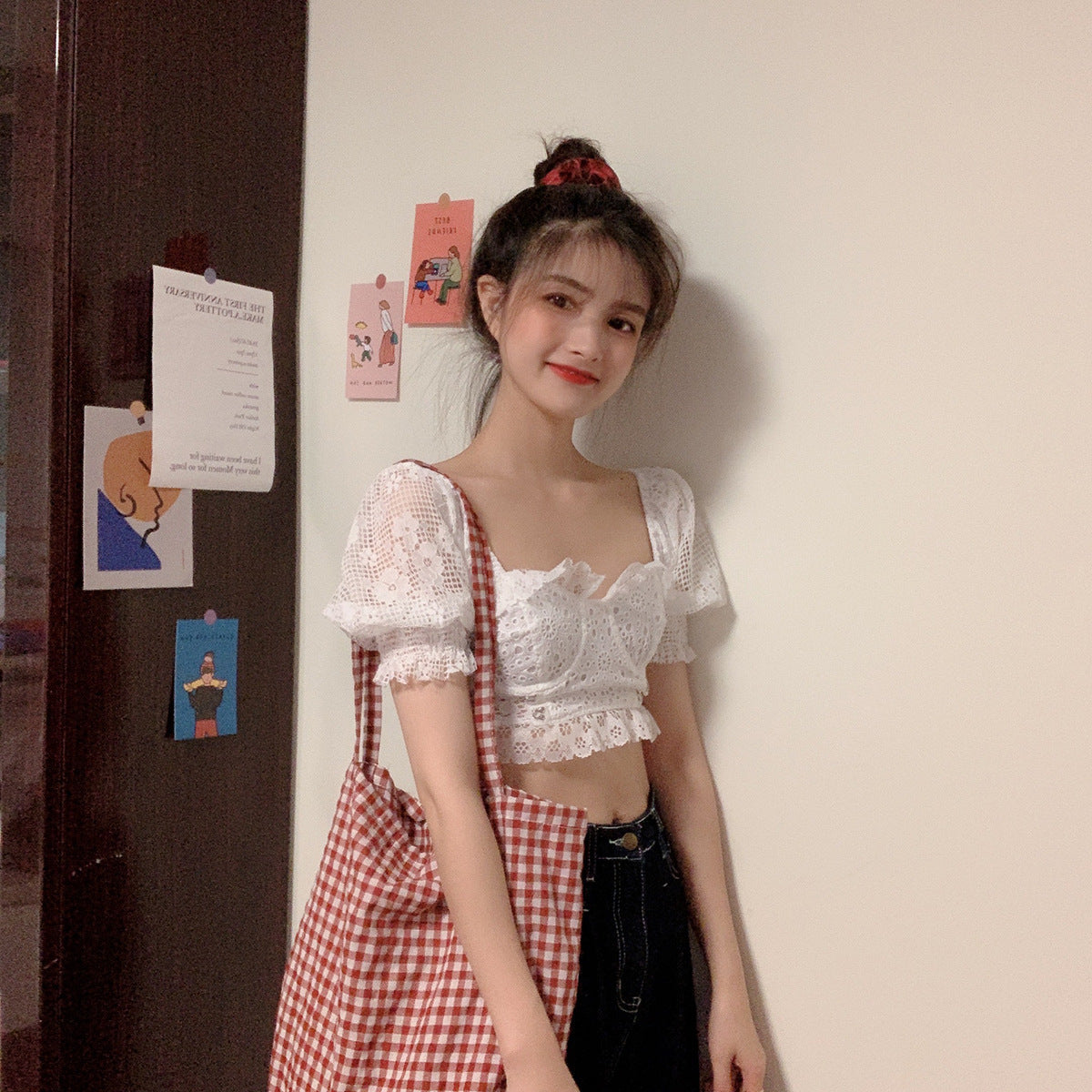 Sweet & Chic Embroidered Lace Blouse - Women's Cropped Top Korean style lace puff sleeve short top