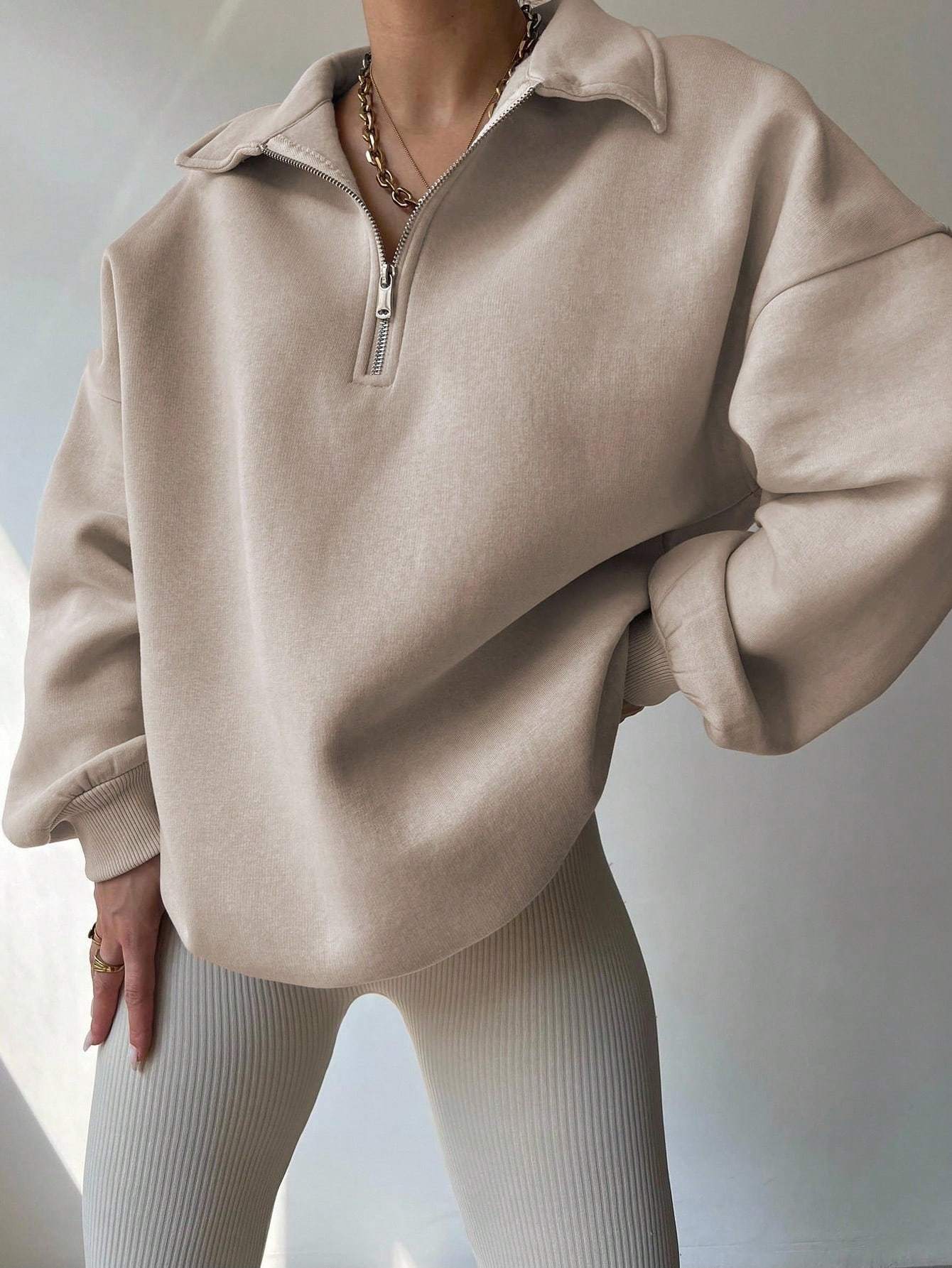 Elegant Plain Front Zipper Long Sleeve Simple Hoodie For Women's
